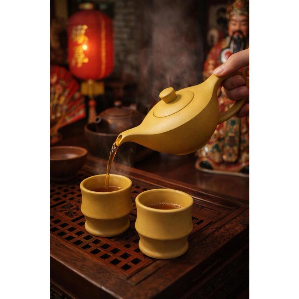 Tazo 1990s Golden Ochre Ceramic Magic Aladdin’s Lamp Genie Teapot With Two Cups